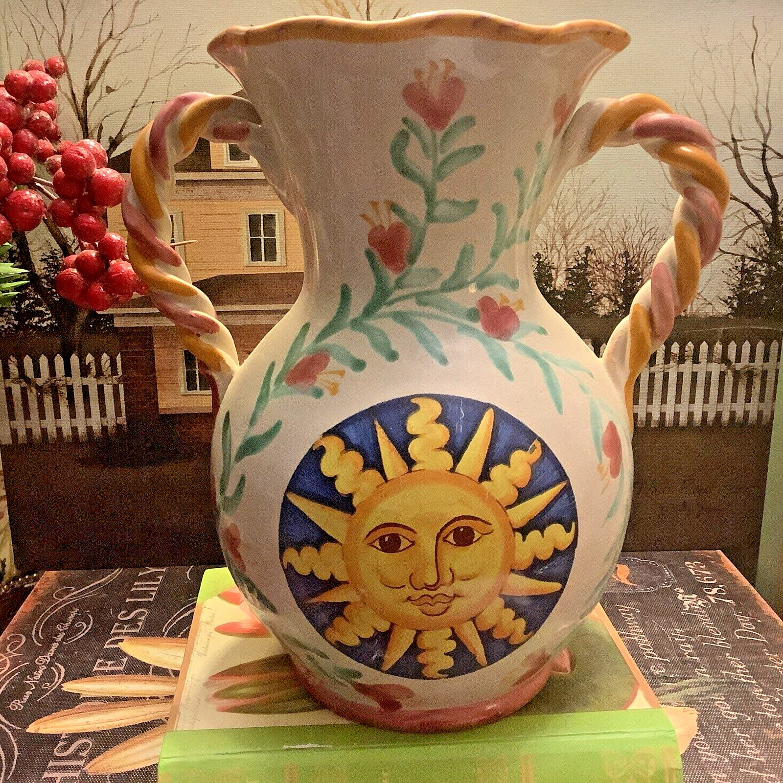 ASSISI~Made In Italy~7.75”H Colorful Vase~Sun~w/A Face Design~Italian Pottery~
