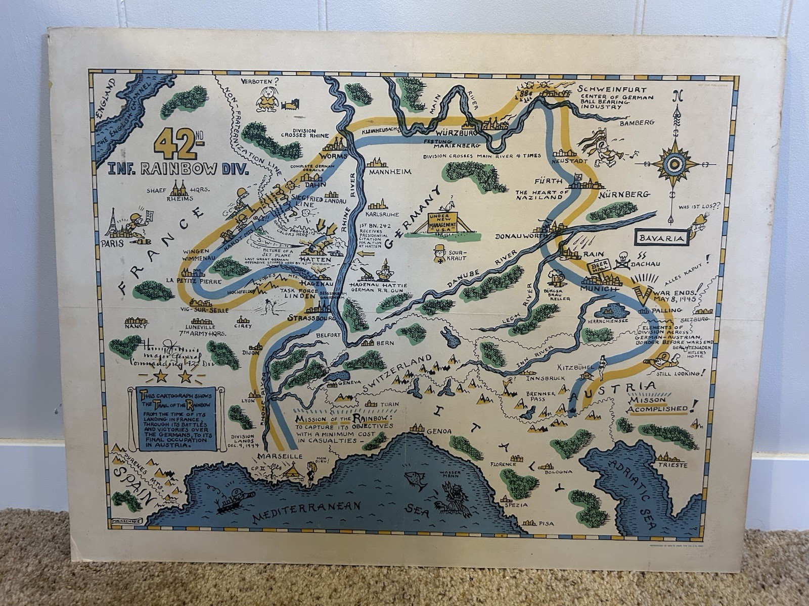 Rare 1945 WWII 42nd Infantry Rainbow Division Pictorial Route Map by MacKechnie