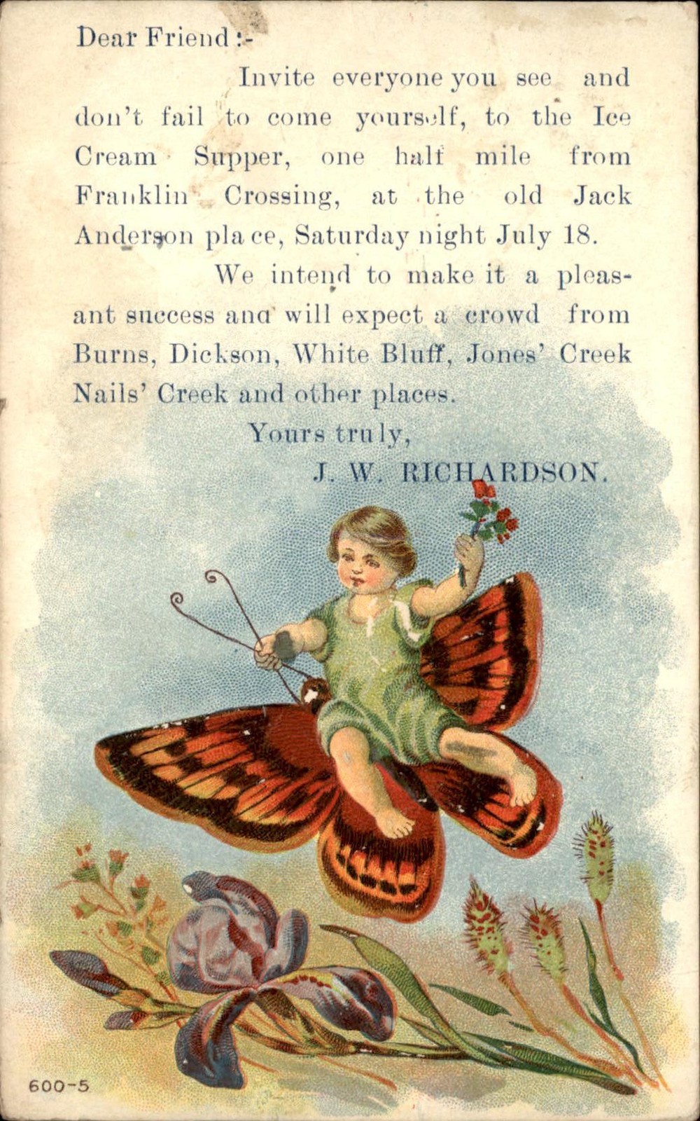 Burns Tennessee Postmark Dickson White Bluff ICE CREAM SUPPER INVITE Postcard