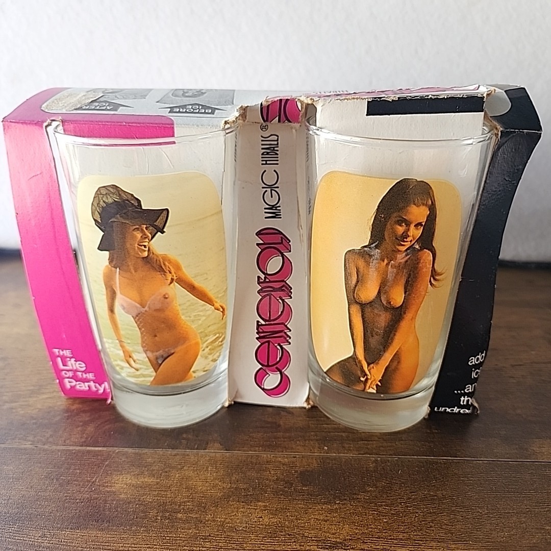 VINTAGE 1974 Set Of 4 CENTERFOLD Magic Hiball Glasses Women Original Package