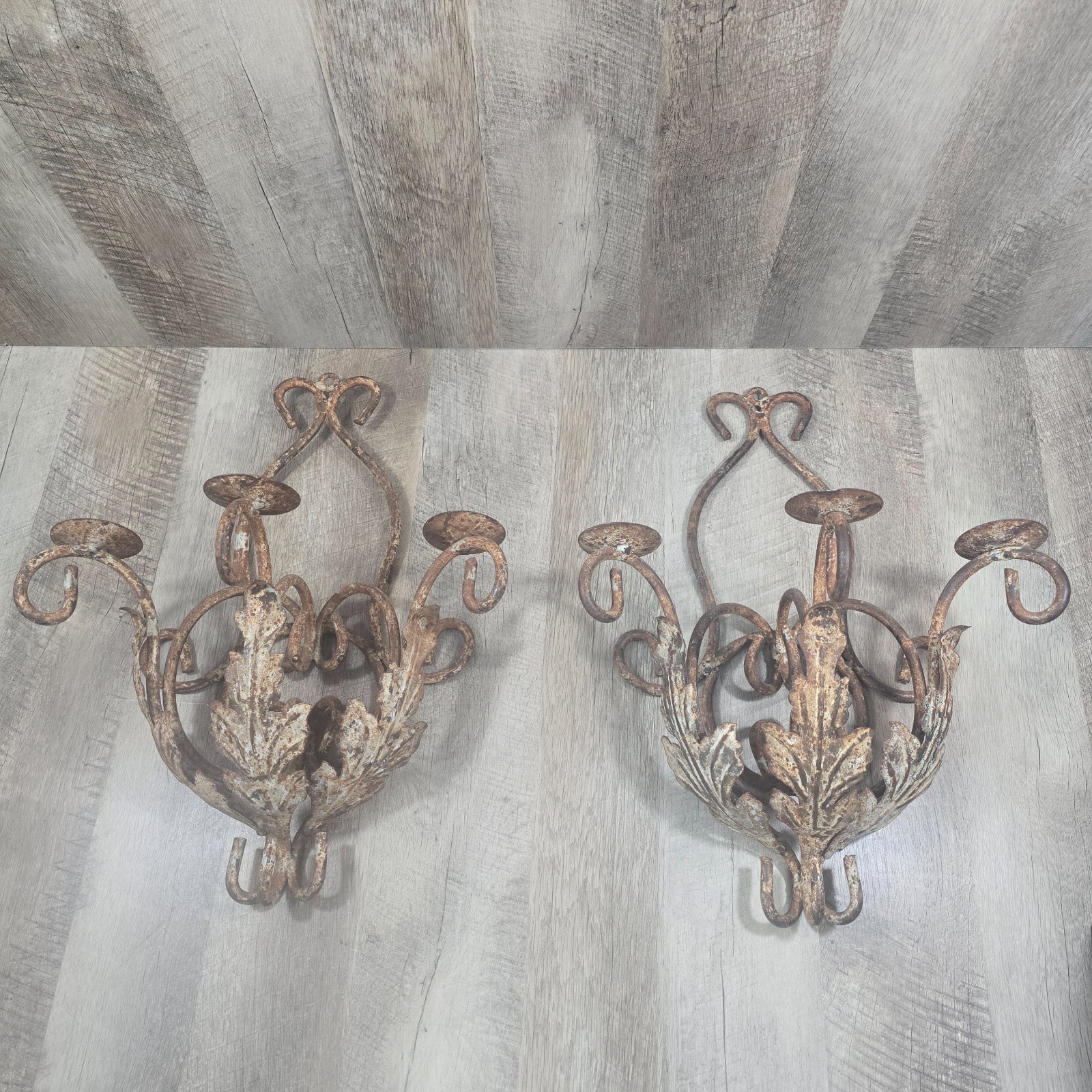 (2) Vintage Rustic Wrought Iron Large Wall Mount 3-Candle Holder Leaf Design 20\