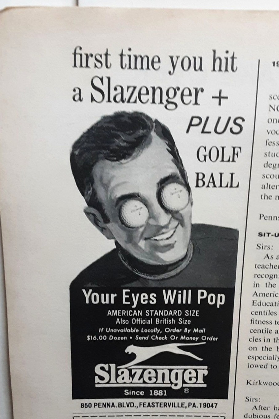 1971 Slazenger Plus Golf Ball Ad Funny Eyes Pop Mini Print 1971 Slazenger Plus Golf Ball Ad Funny Eyes Pop Mini Print