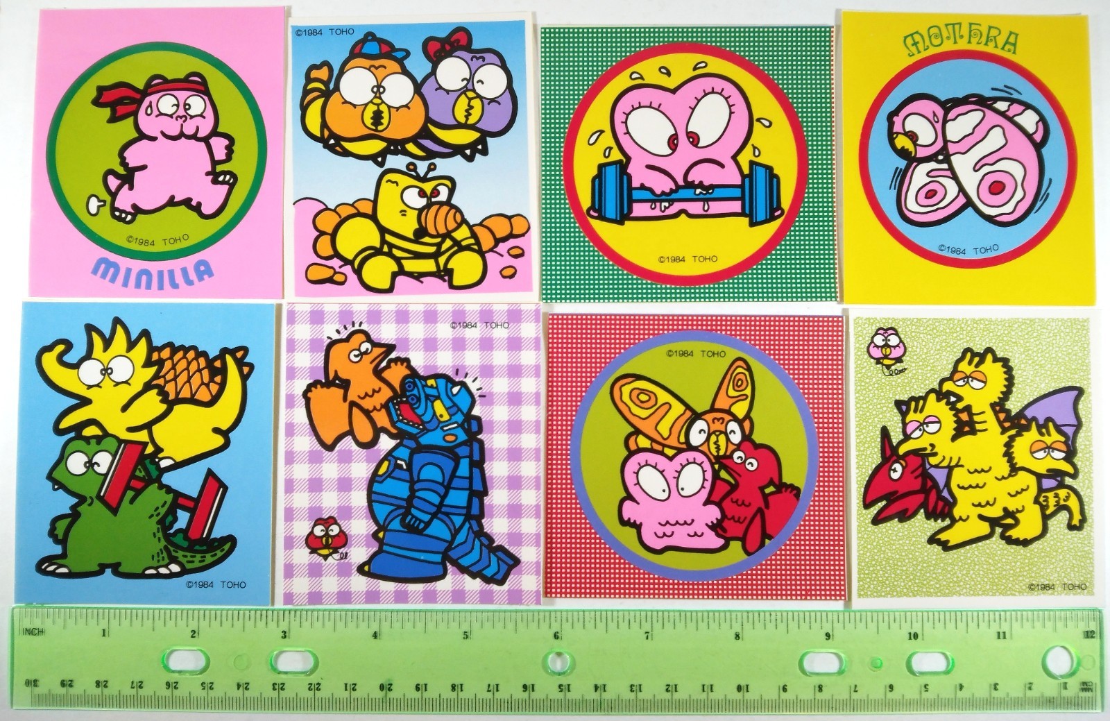 🟢🔥 GODZILLAND 1984 VINTAGE 8x UNUSED STICKER LOT MINILLA MOTHRA GHIDORAH RODAN