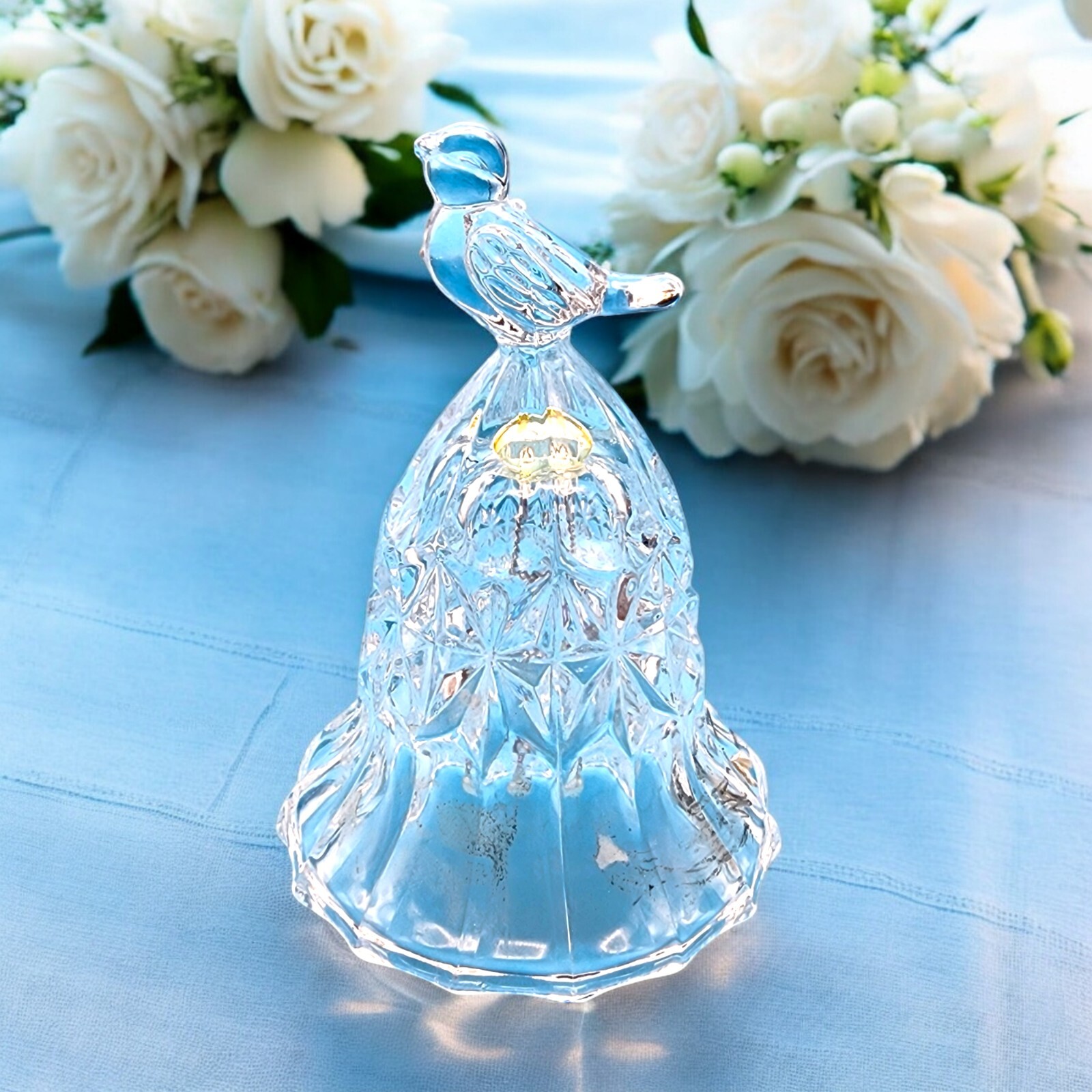 Elegant Pressed Lead Glass Vintage Crystal Bell with Bird Topper Wedding Gift