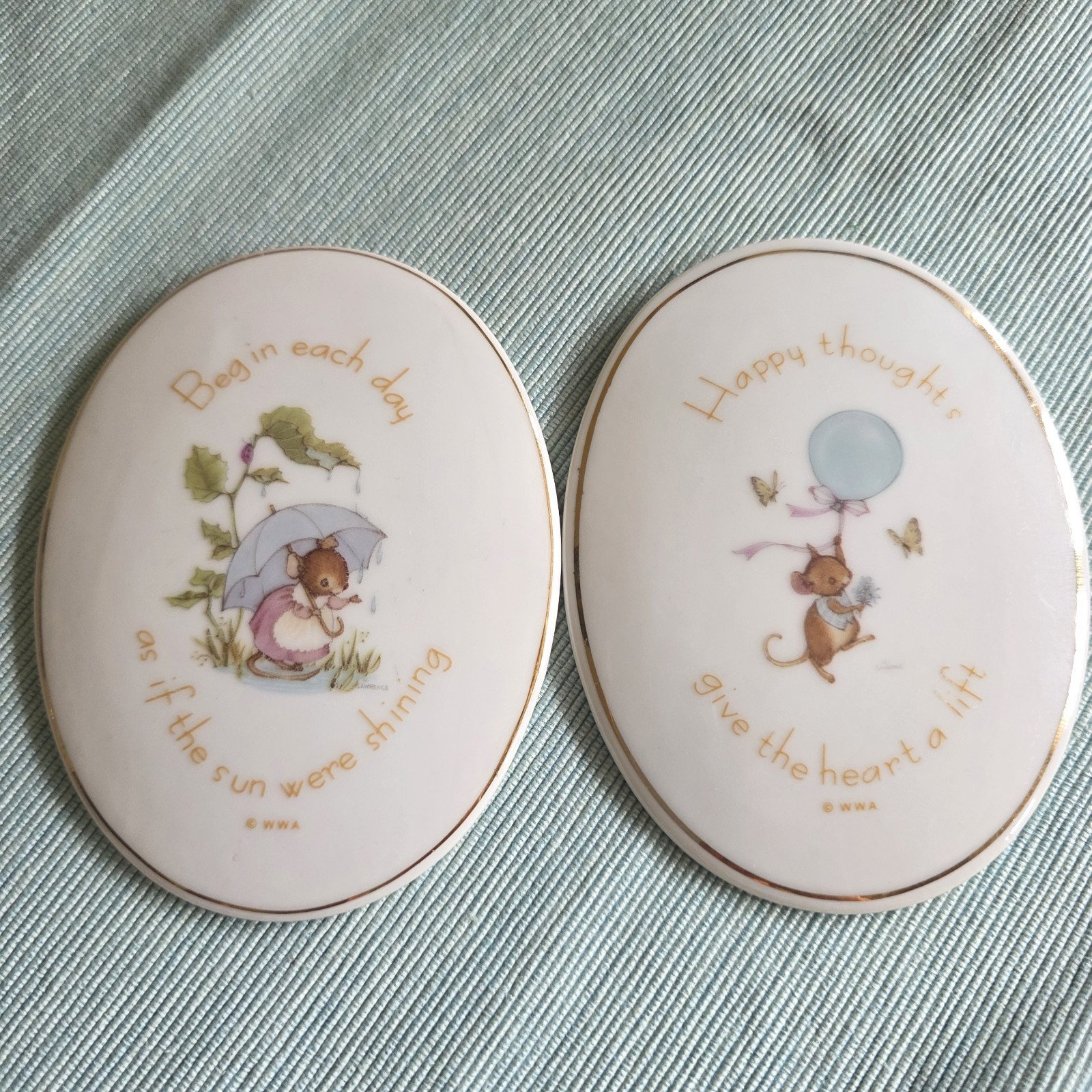 VTG 1970s Tiny Talk Mini Porcelain Plaque Pair (1 Original Sticker) Mouse JAPAN