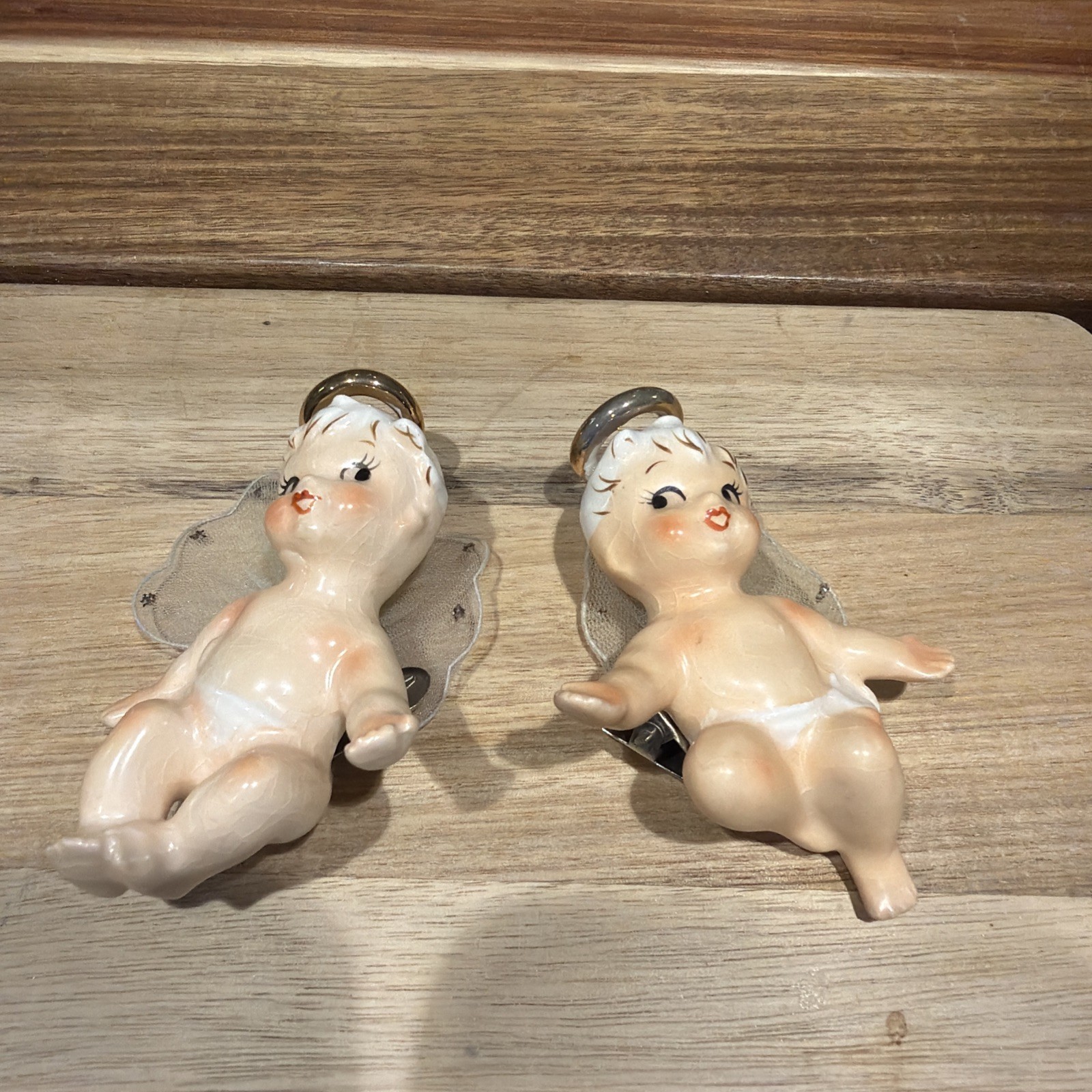 PAIR Vintage 1950\'s LEFTON\'s Ceramic ~ ANGELS w TULLE WINGS ~ Clip-On Ornaments