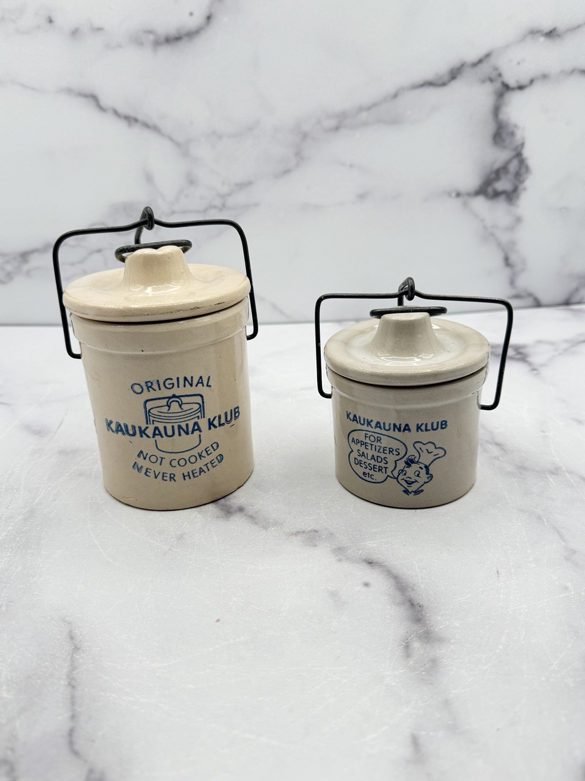Vintage Kaukauna Klub Stoneware Cheese Crocks Pair with Lids & Wire Bail
