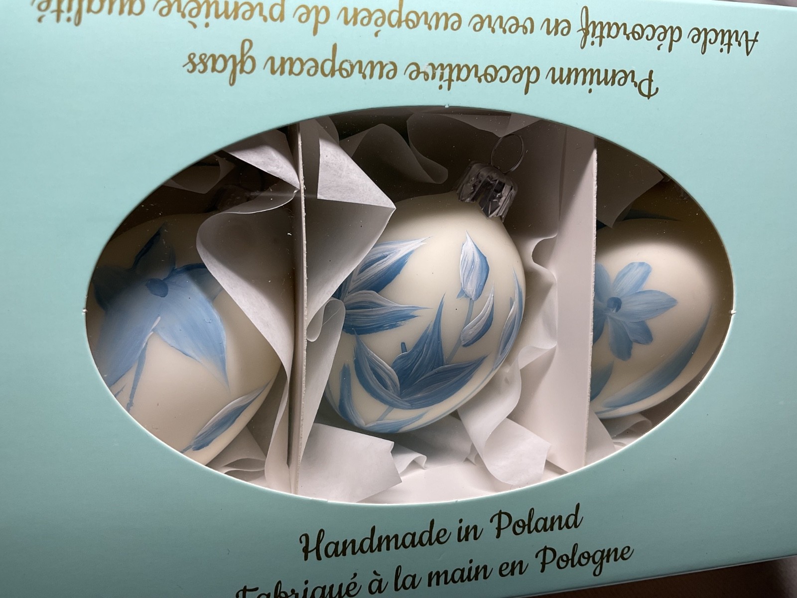 VITBIS  HANDMADE GLASS EGG ORNAMENTS POLAND  BLUE CREAM FLOWERS NIB
