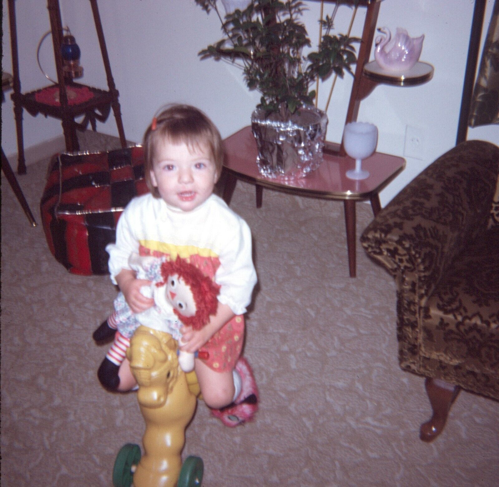Toddler Girl Holding Raggedy Ann Toy Riding Horse 1969 60s Vtg 126 Color Slide