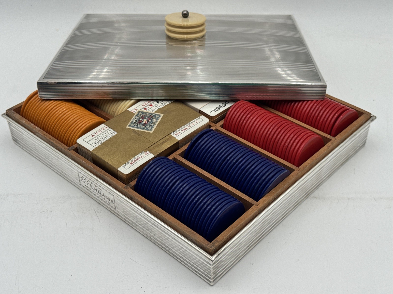 Russell Travelling Bakelite Sterling Silver Poker Chip Set Antique 1900s Cards