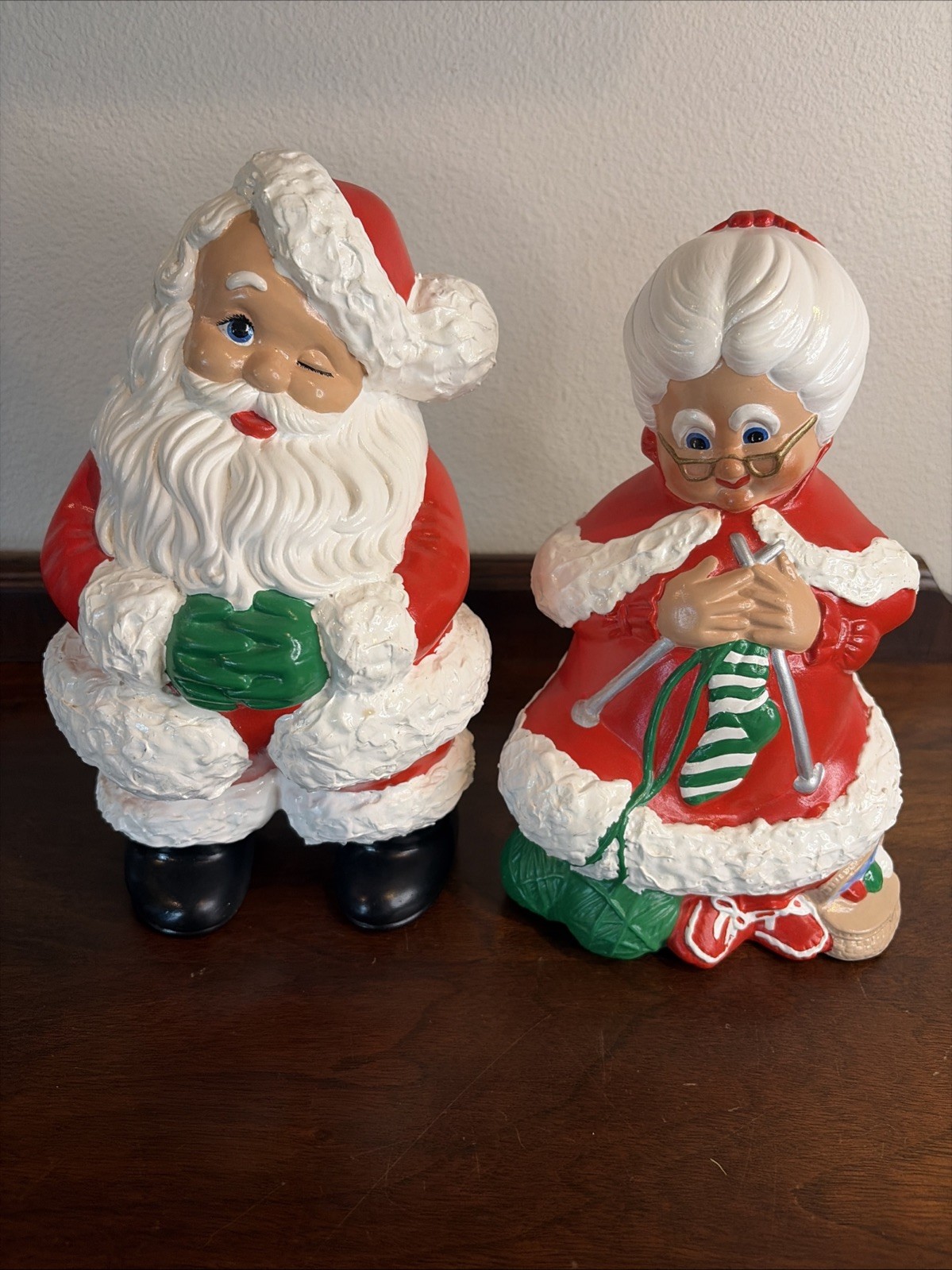 VTG Atlantic Mold Ceramic Santa Winking & Mrs Claus Knitting Hand Painted 9”