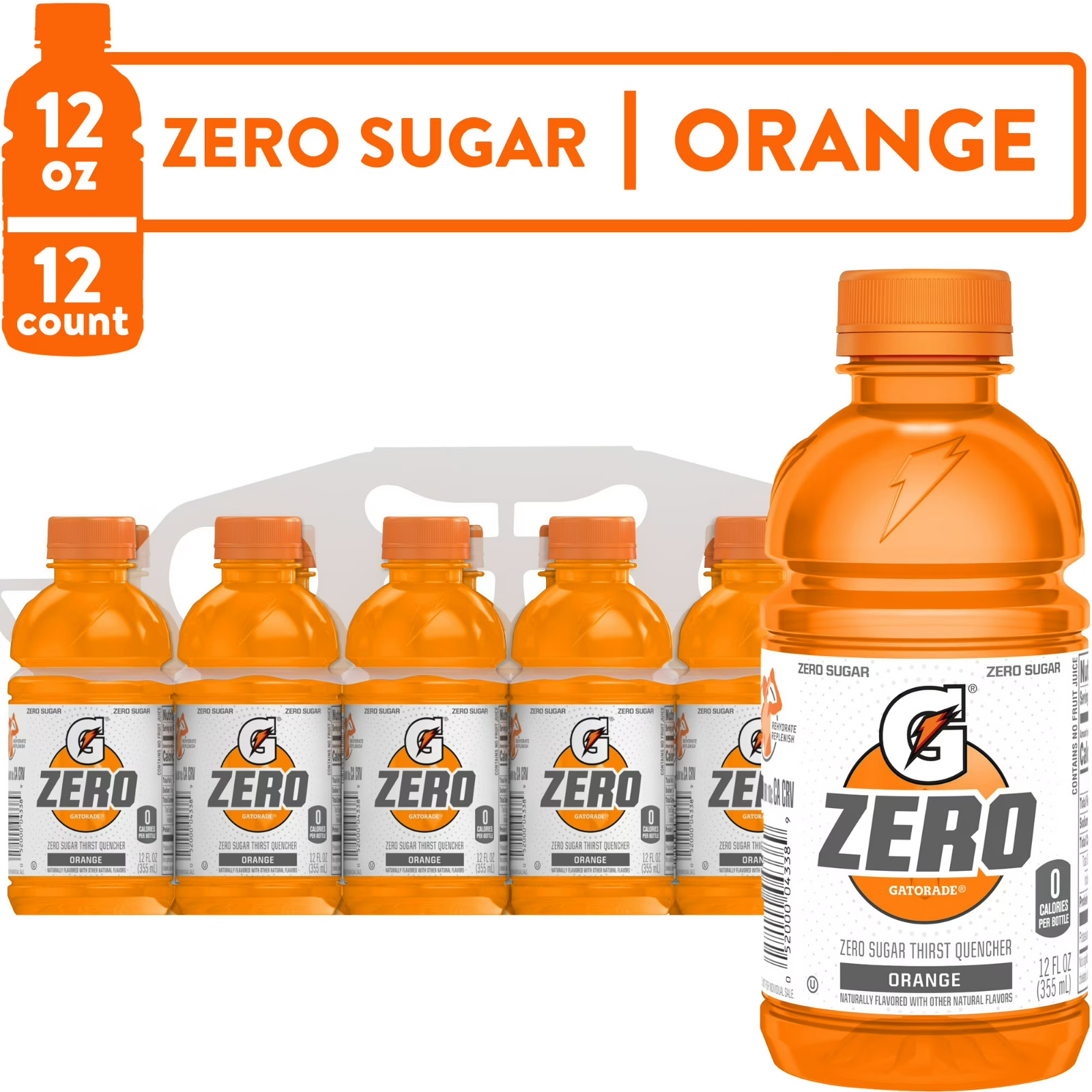 Gatorade Thirst Quencher Zero Sugar Sports Drink Orange 12oz Bottles 12 Pack