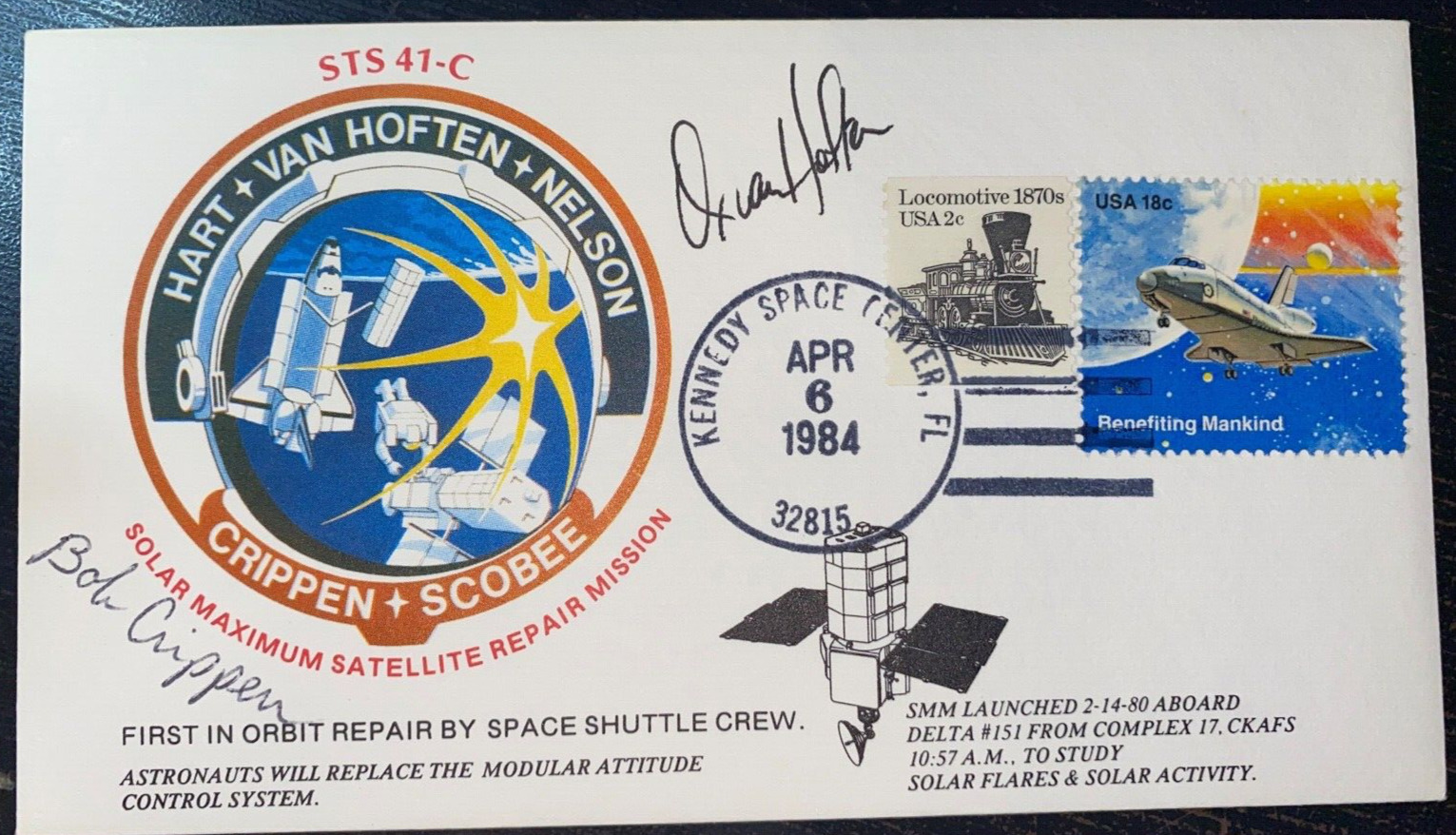 STS 41-C crew patch cover , Autographed by (2) Crippen & Van Hoften