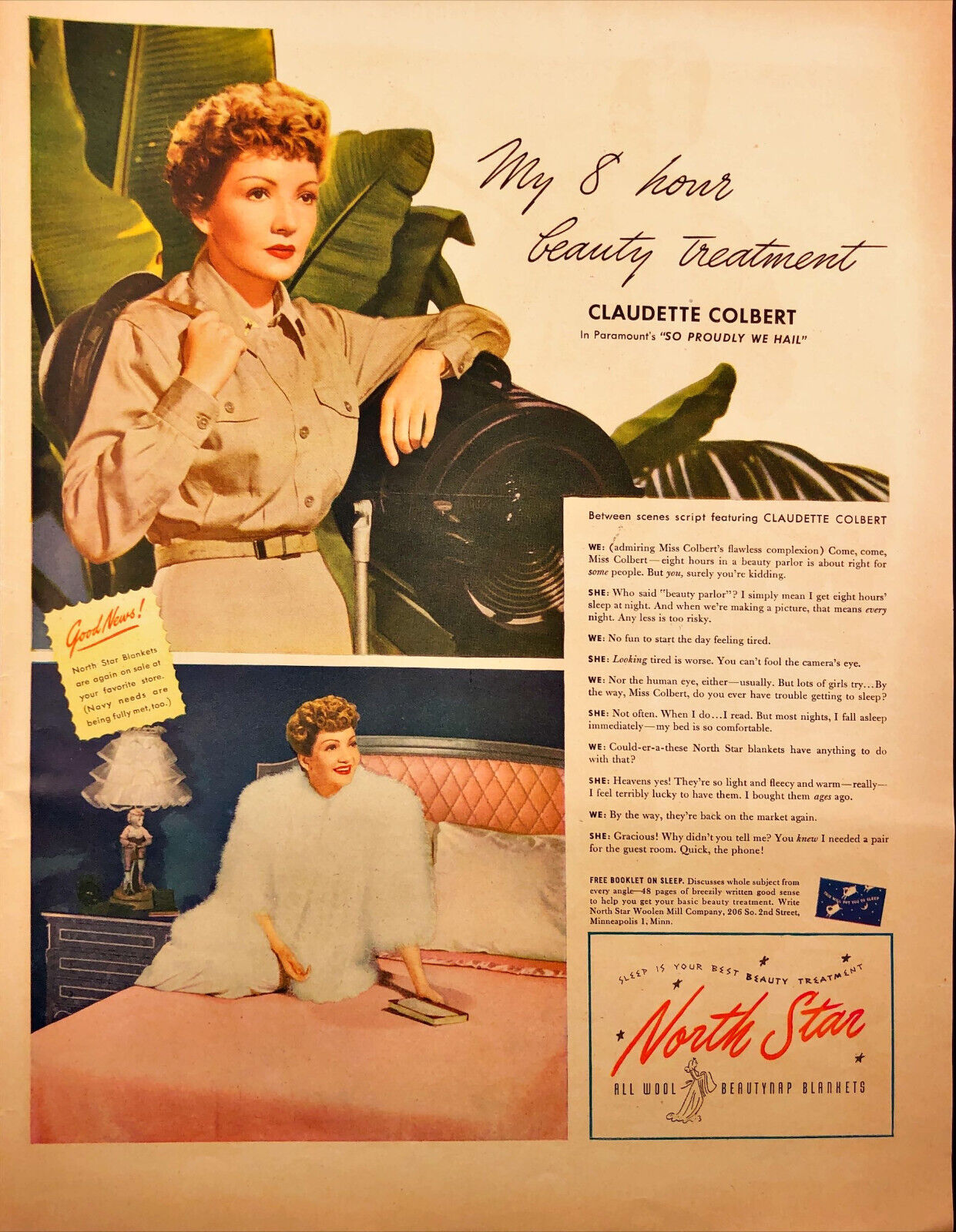 North Star Wool Blankets Claudette Colbert World War II Vintage Print Ad 1943