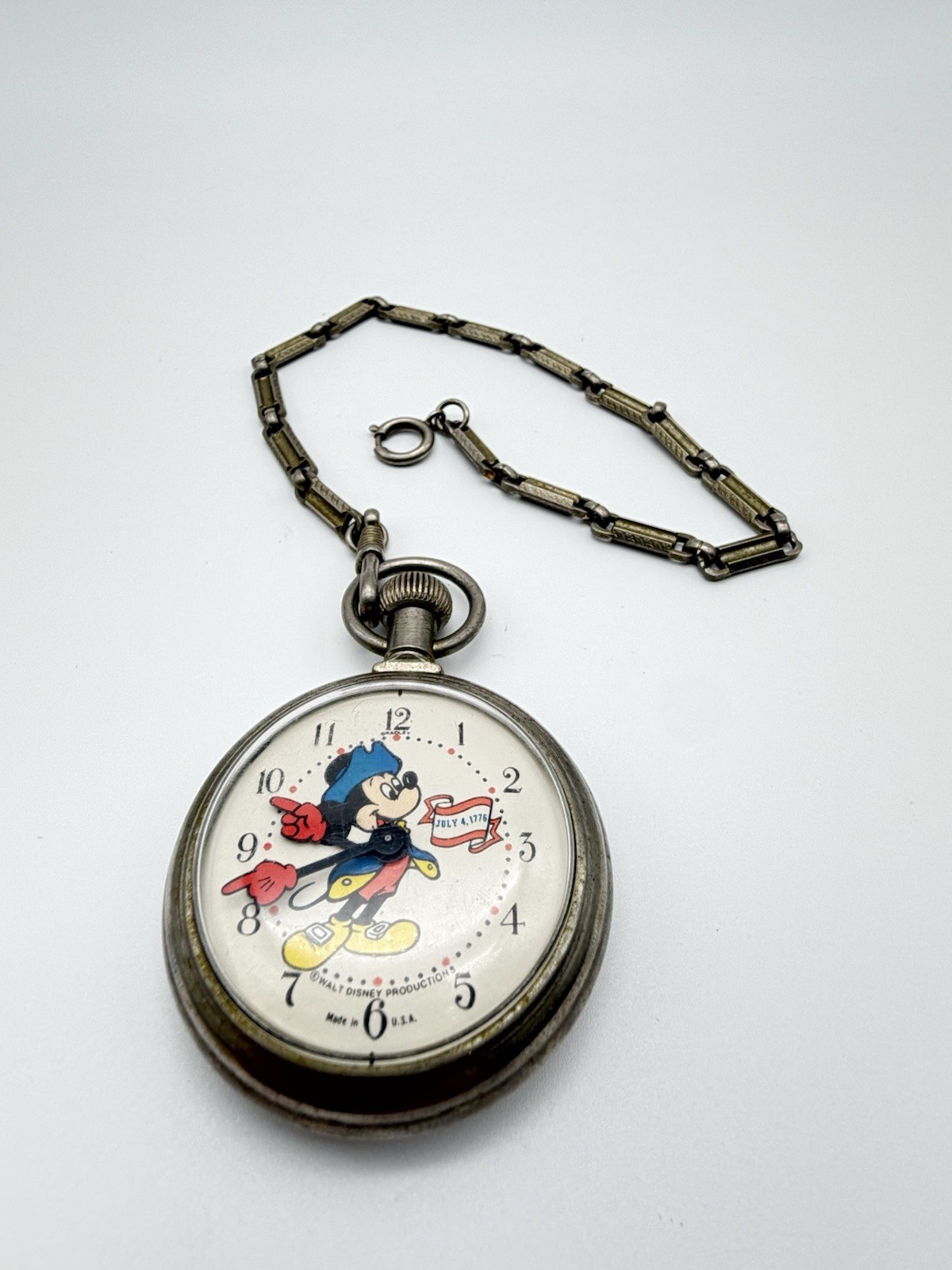 Vintage 1976 Bradley Mickey Mouse Bicentennial Pocket Watch - WORKING w/ Chain