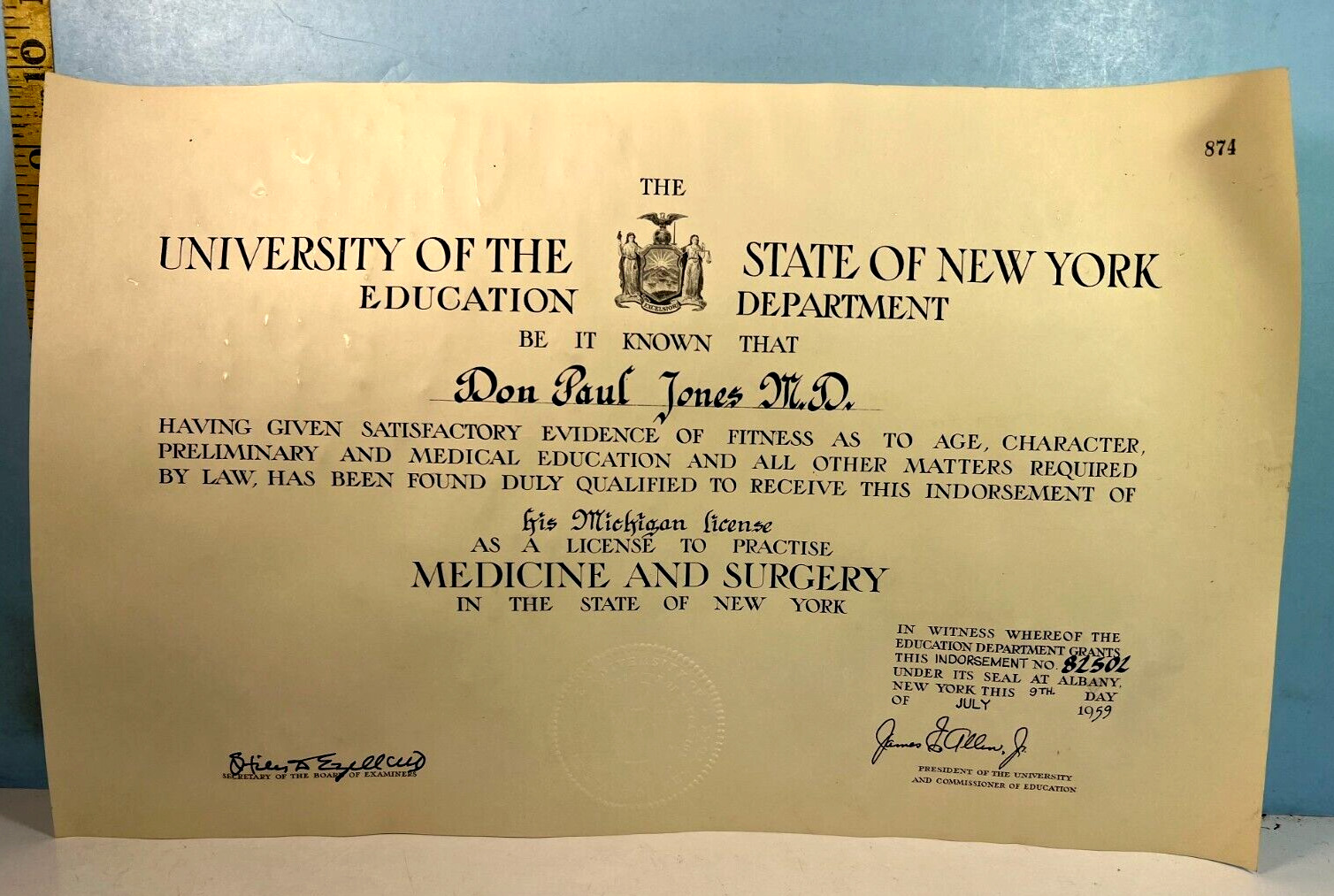 1959 University of Michigan Medicine & Surgery Medical License