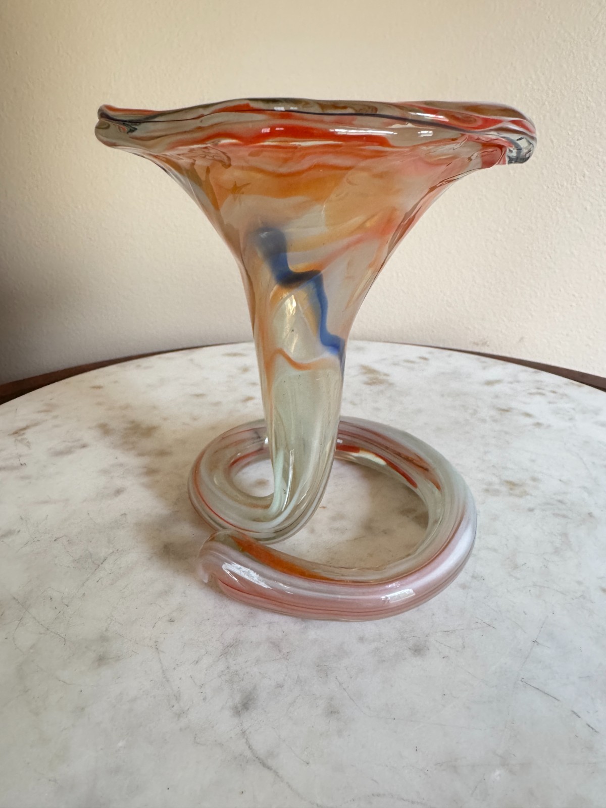 Art Glass Vase Hand Blown Coil Base Swirl Trumpet Vase Orange Blue White