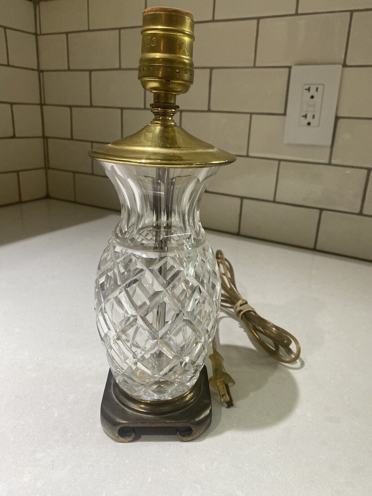 WATERFORD Lismore Crystal Accent Small Table Lamp Vintage Brass Base