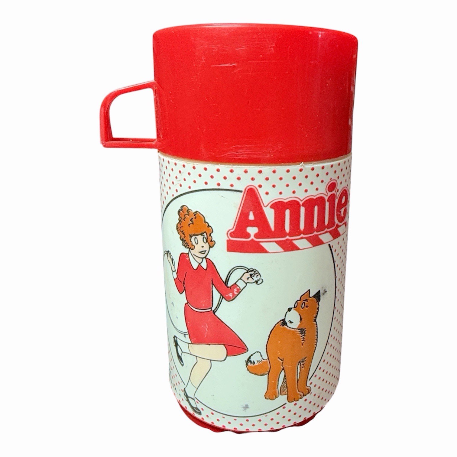 Vintage 1981 Annie Movie Aladdin Plastic Thermos Little Orphan Sandy Red White Vintage 1981 Annie Movie Aladdin Plastic Thermos Little Orphan Sandy Red White