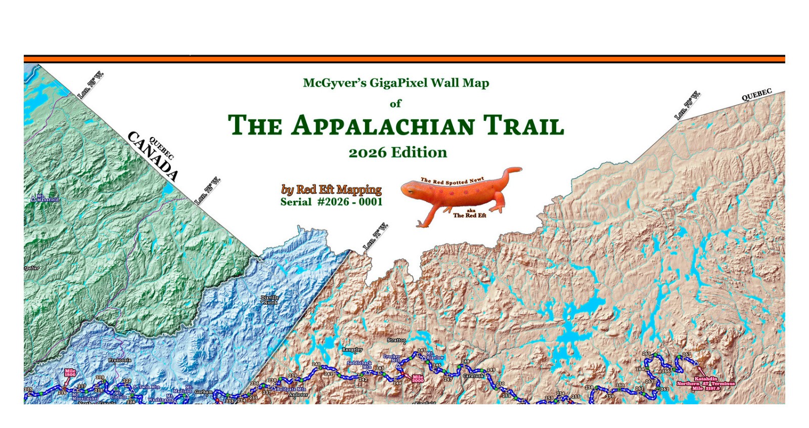 2026 Edition 10' Appalachian Trail topographic map w/archival canvas & inks.