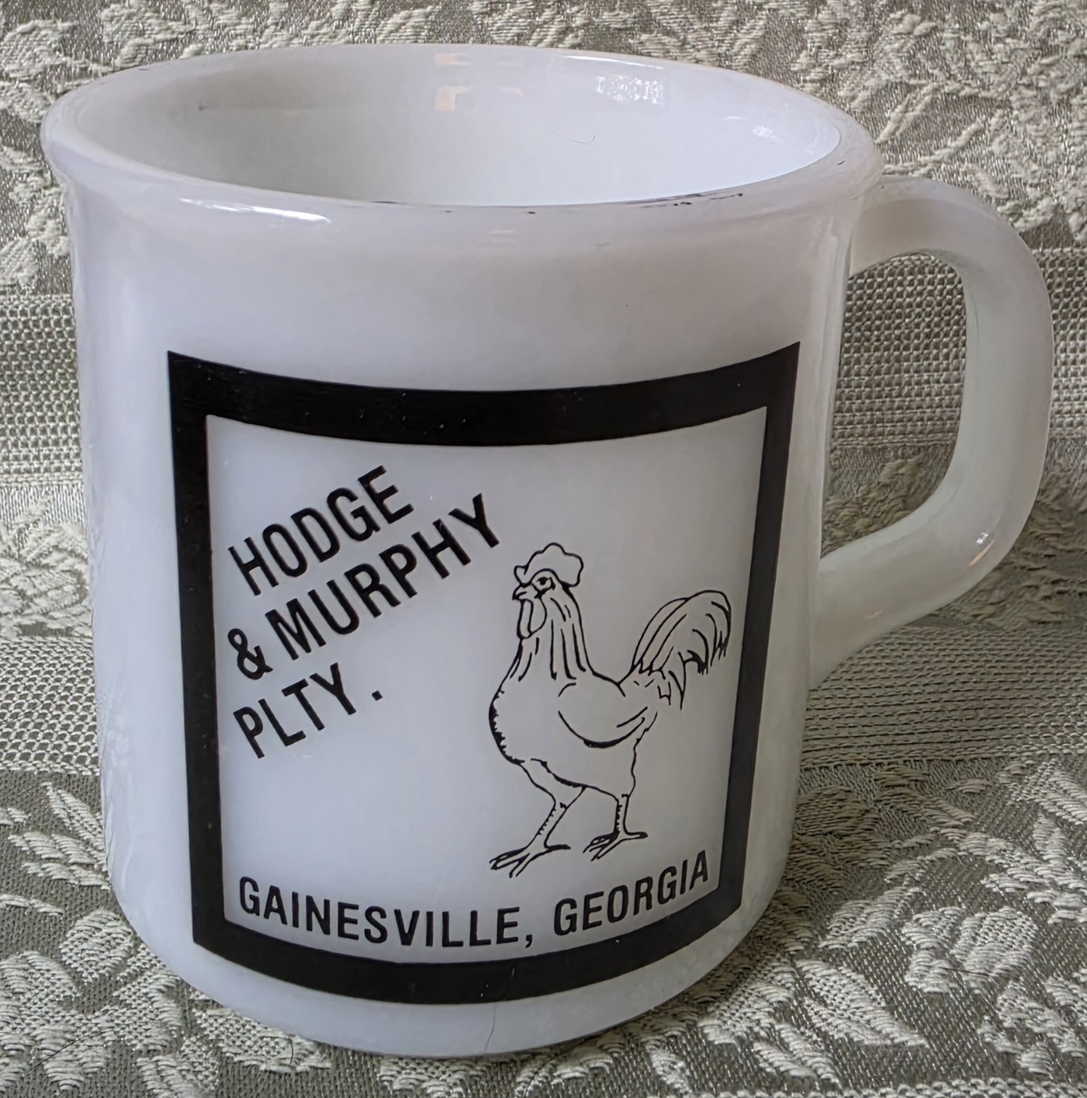 1960s Anchor Hocking Hodge & Murphy Poultry Gainesville, Georgia Milk Glass Mug
