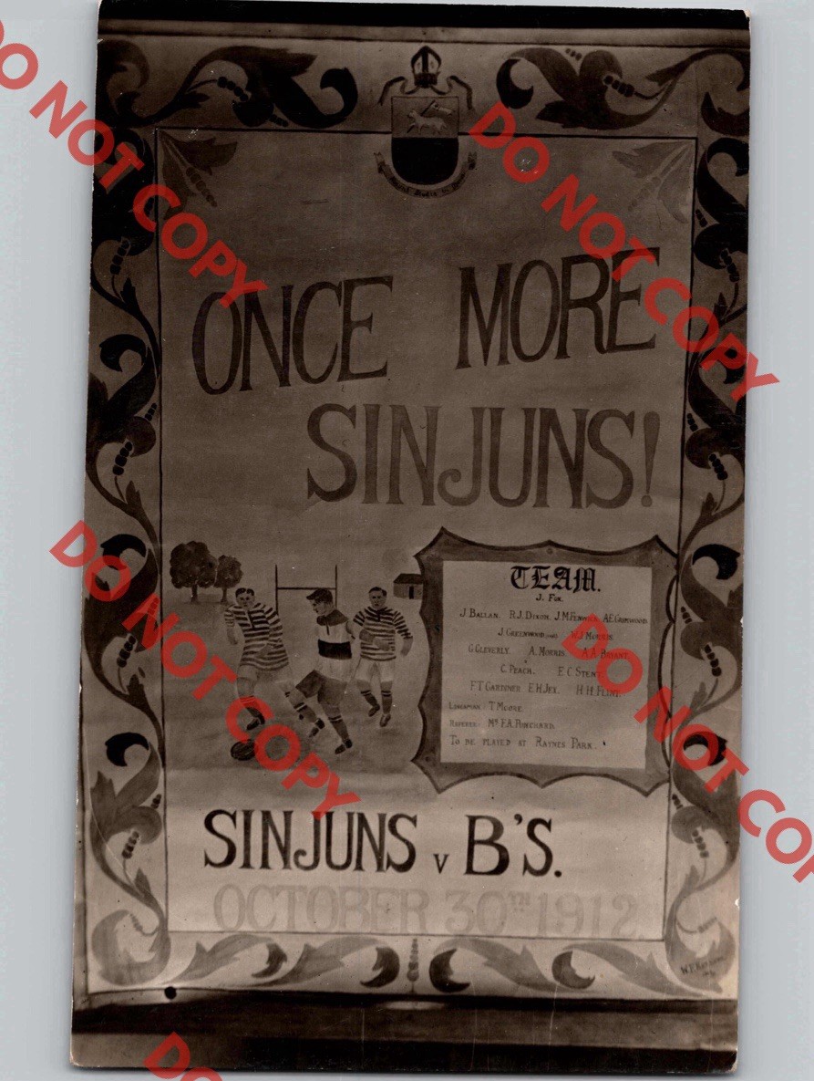 c1912 Sinjuns v. B’s Rugby Soccer Advertising Poster RAYNES PARK London RPPC c1912 Sinjuns v. B’s Rugby Soccer Advertising Poster RAYNES PARK London RPPC