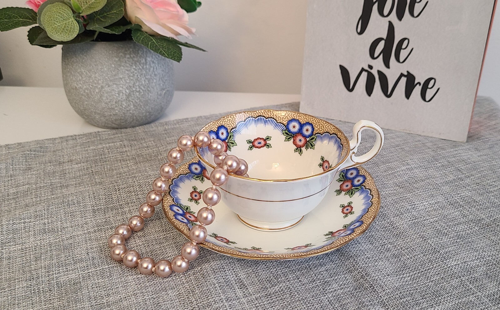 Rare Vintage Aynsley Blue and Pink flowers, Teacup & Saucer, Bone China, England