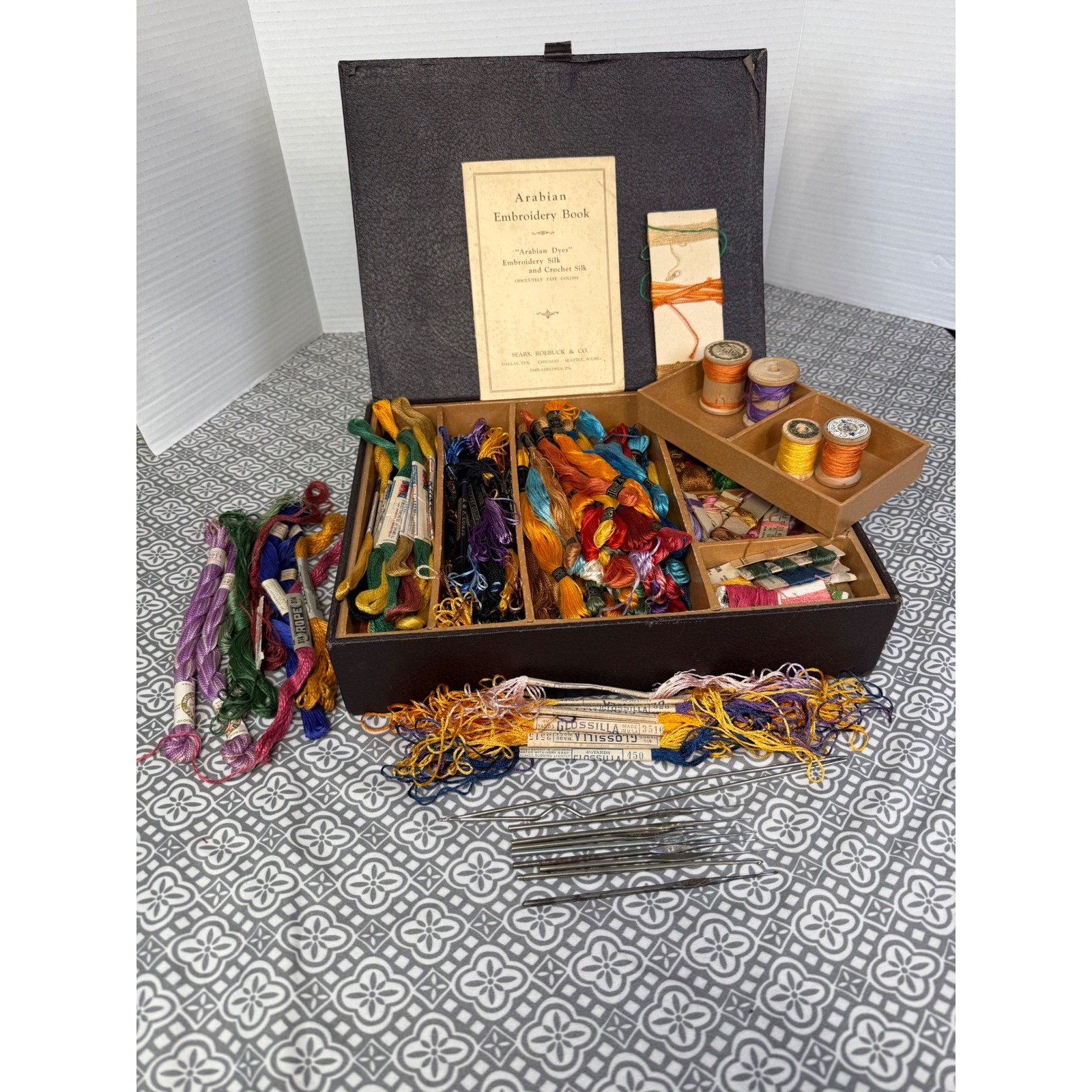 Vintage Sears Roebuck Arabian Embroidery Silk Kit Box Spools & Instruction Book