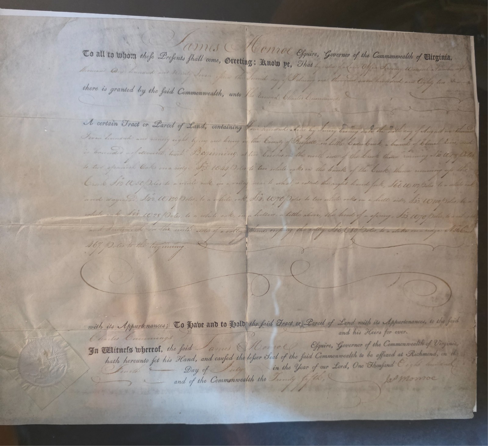 a land deed signed by then Governor James Monroe a land deed signed by then Governor James Monroe