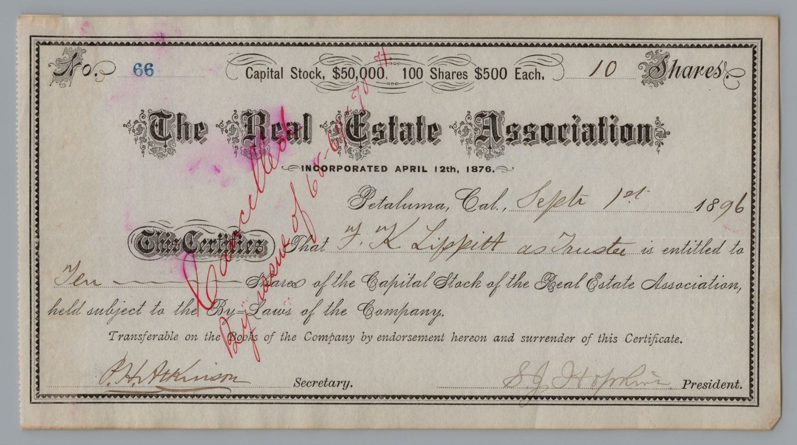 1896  - The Real Estate Association, 1888 - Petal RARE Stock Certificate Bond