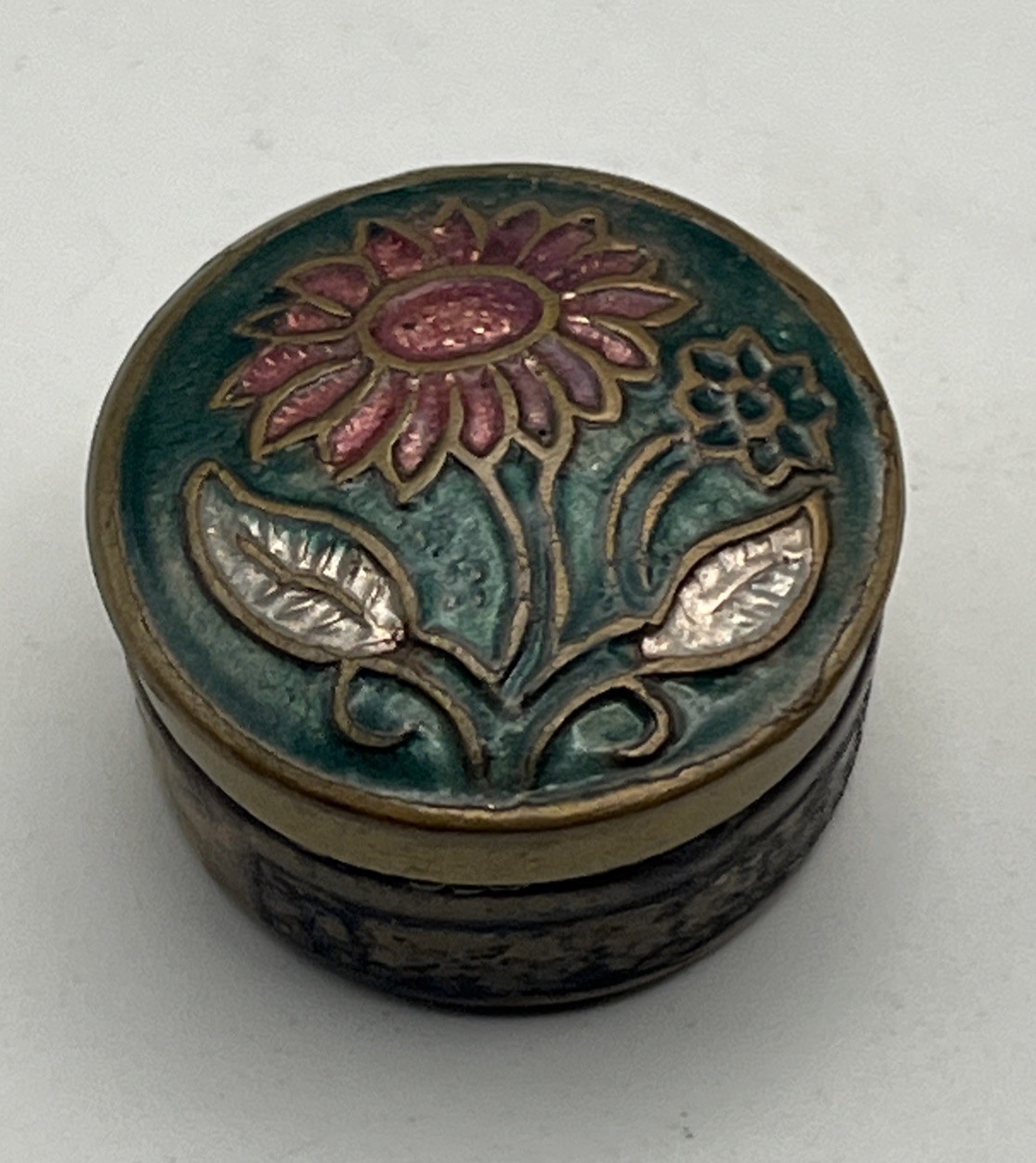Vintage Enameled Cloisonné Flower Miniature Pill Trinket Box