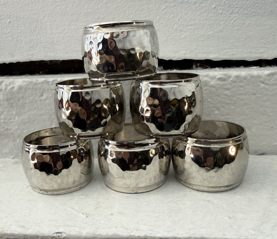 5 Vintage Hammered Silver Plated Napkin Rings