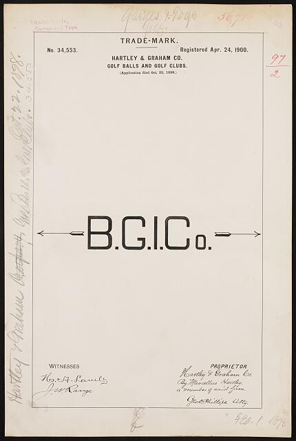 Photo:Hartley Graham Co B.G.I. Co Golf Balls Clubs Trademark 1900s