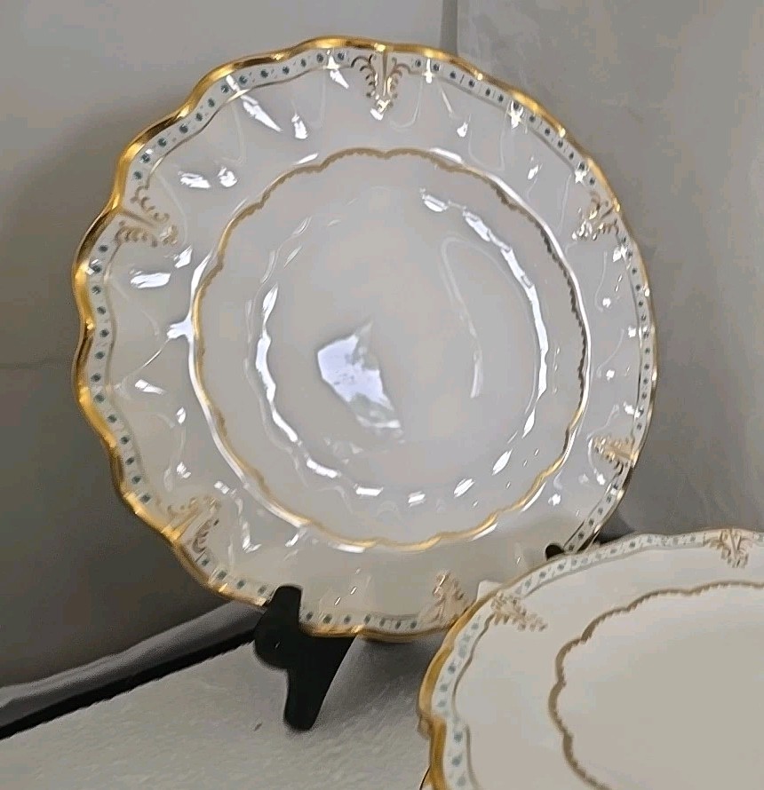 SET 6 ROYAL CROWN DERBY LOMBARDY SALAD PLATES ROYAL SHAPE AQUA DOTS GOLD SCROLLS