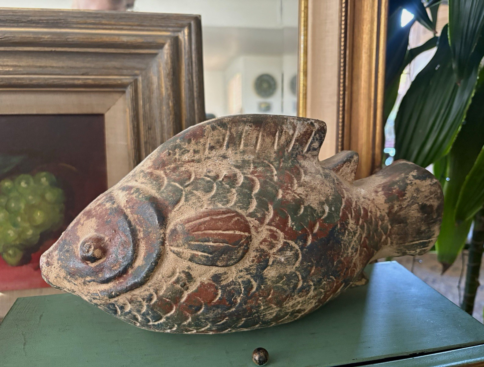 Vintage Mid Century Terracotta Fish Sculpture 12” Hand Painted Clay Folk Art