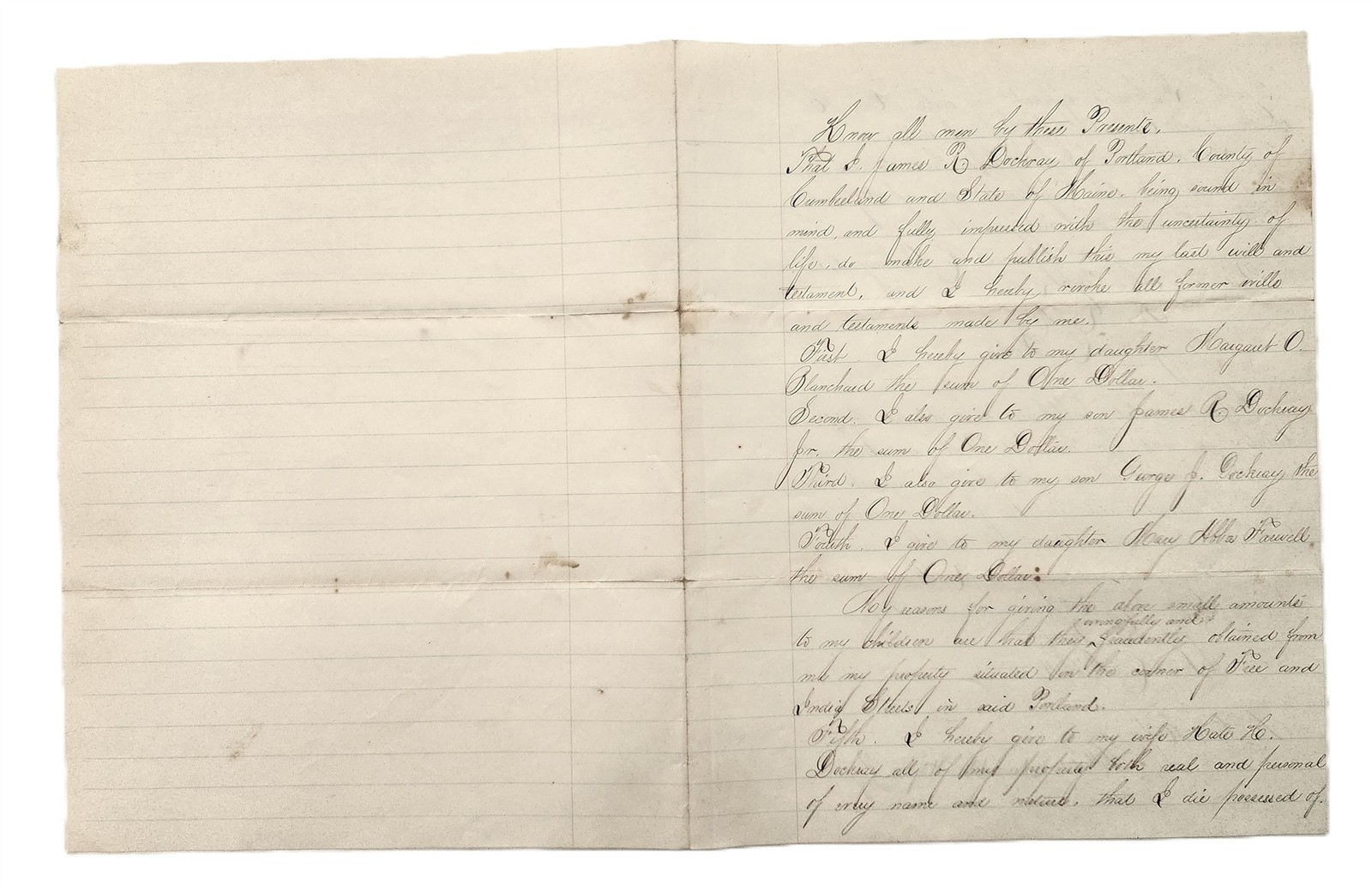 1871 antique LAST WILL TESTAMENT portland me JAMES R DOCKRAY probate document
