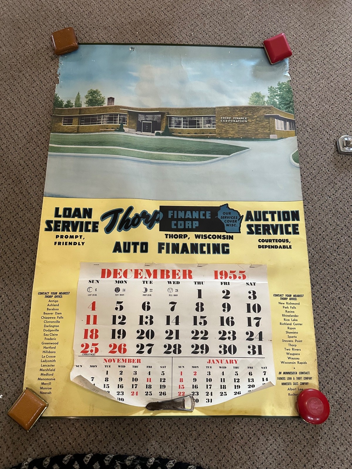 Vintage 1955 Thorp Financial Auto Insurance Wisconsin Calendar Sign Poster