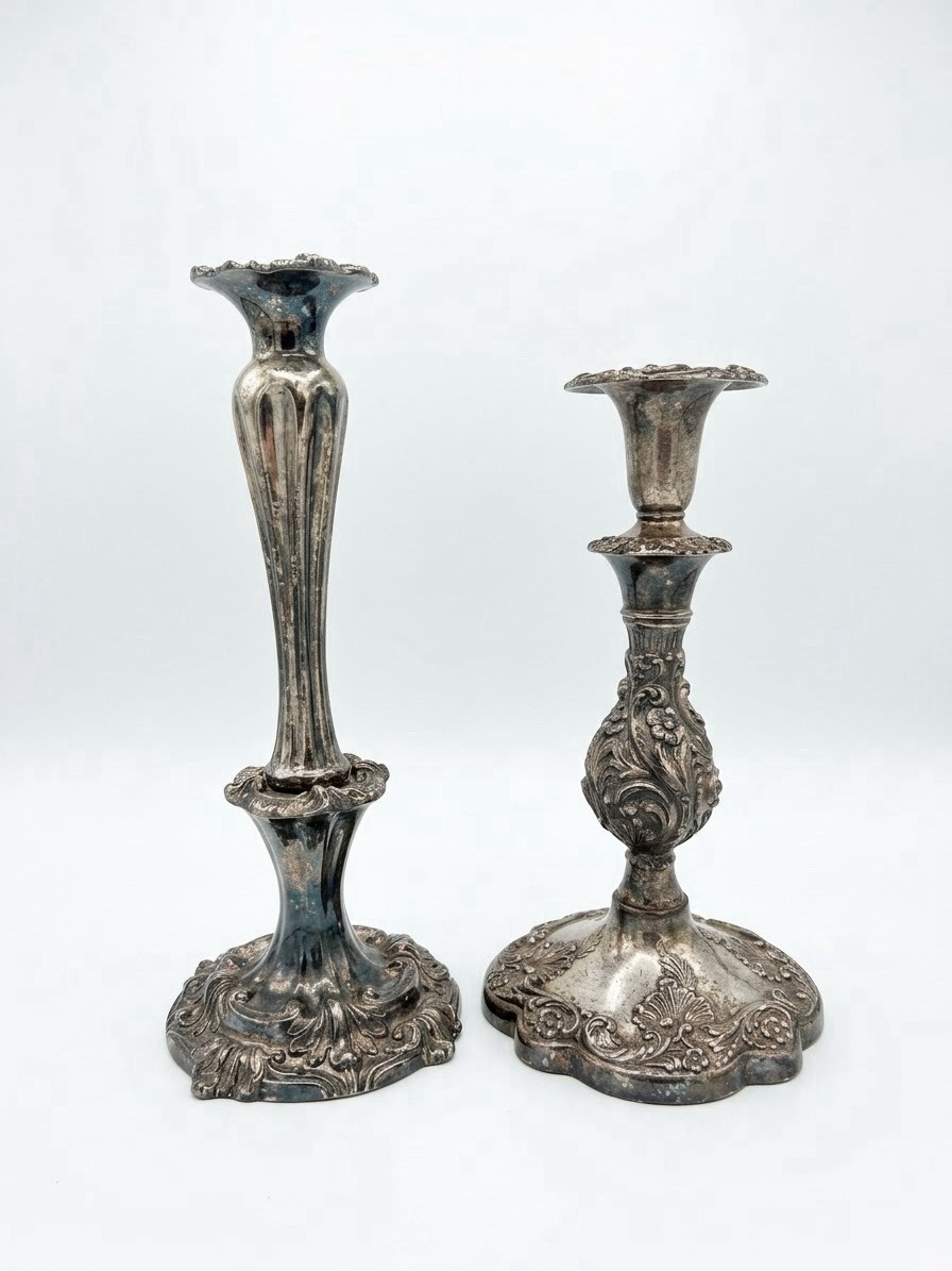 Vintage Silver Plated Candlesticks Lot Halloween Gothic Haunted Mansion Props