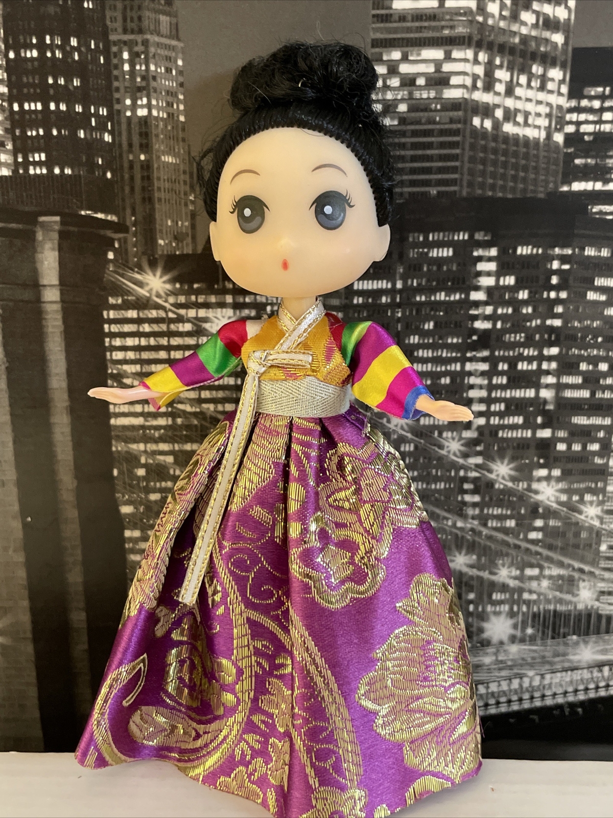 Korean Asian Big Eye Doll Keychain In Traditional Dress Gold Purple Adorable Korean Asian Big Eye Doll Keychain In Traditional Dress Gold Purple Adorable