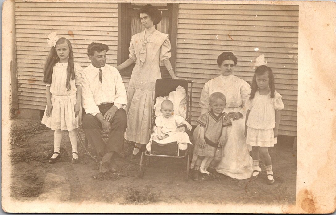 Large Family Portrait Seven People Mother Father Postcard Real Photo RPPC