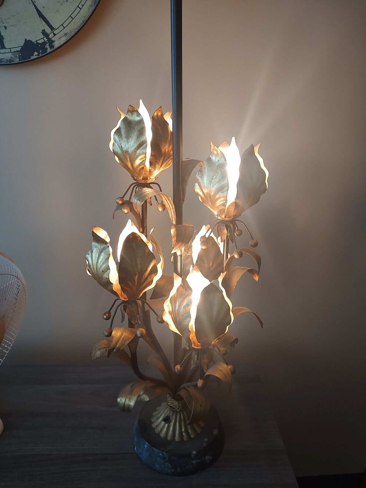 Mid-Century Modern Tall Gilt Tole Maison Charles 5 Light Open Lotus Bud Lamp