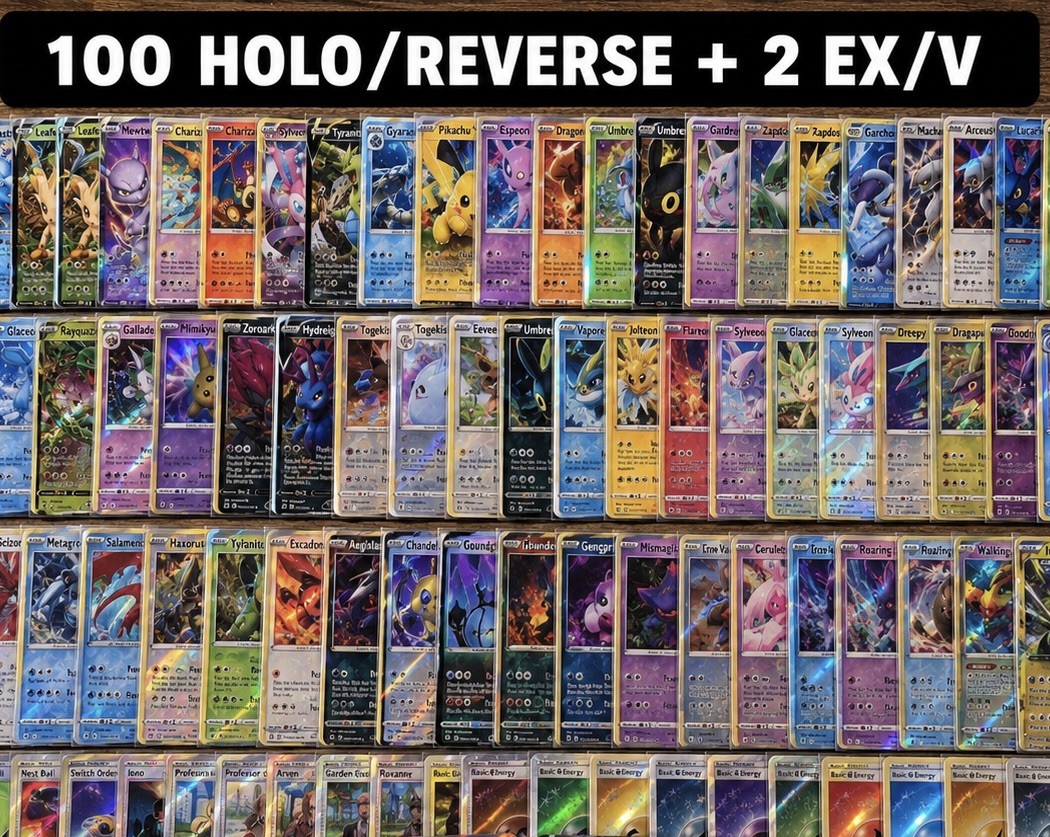 100 Holo/Reverse Holo Pokemon Card Bundle | 2 EX/V/Double Rare | Shinies + Rares