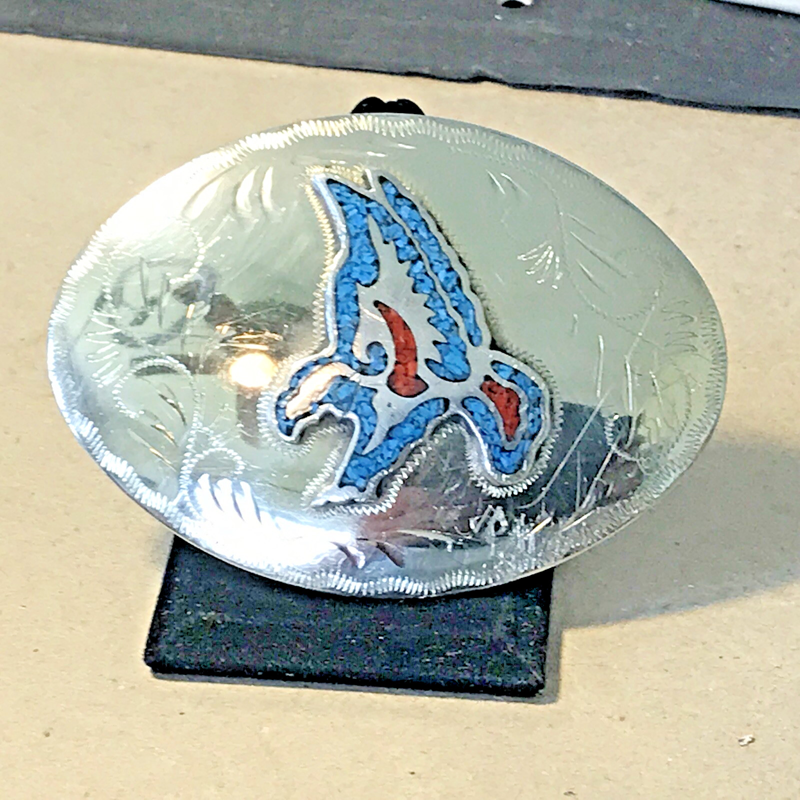 Diving Flying Eagle Inlaid with crushed turquoise & coral belt buckle   ~B4~