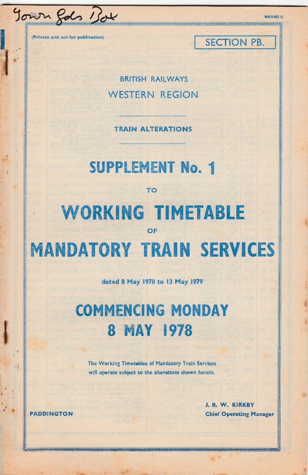 Vintage British Railways Western Region Working Timetable Supplement 1978-79