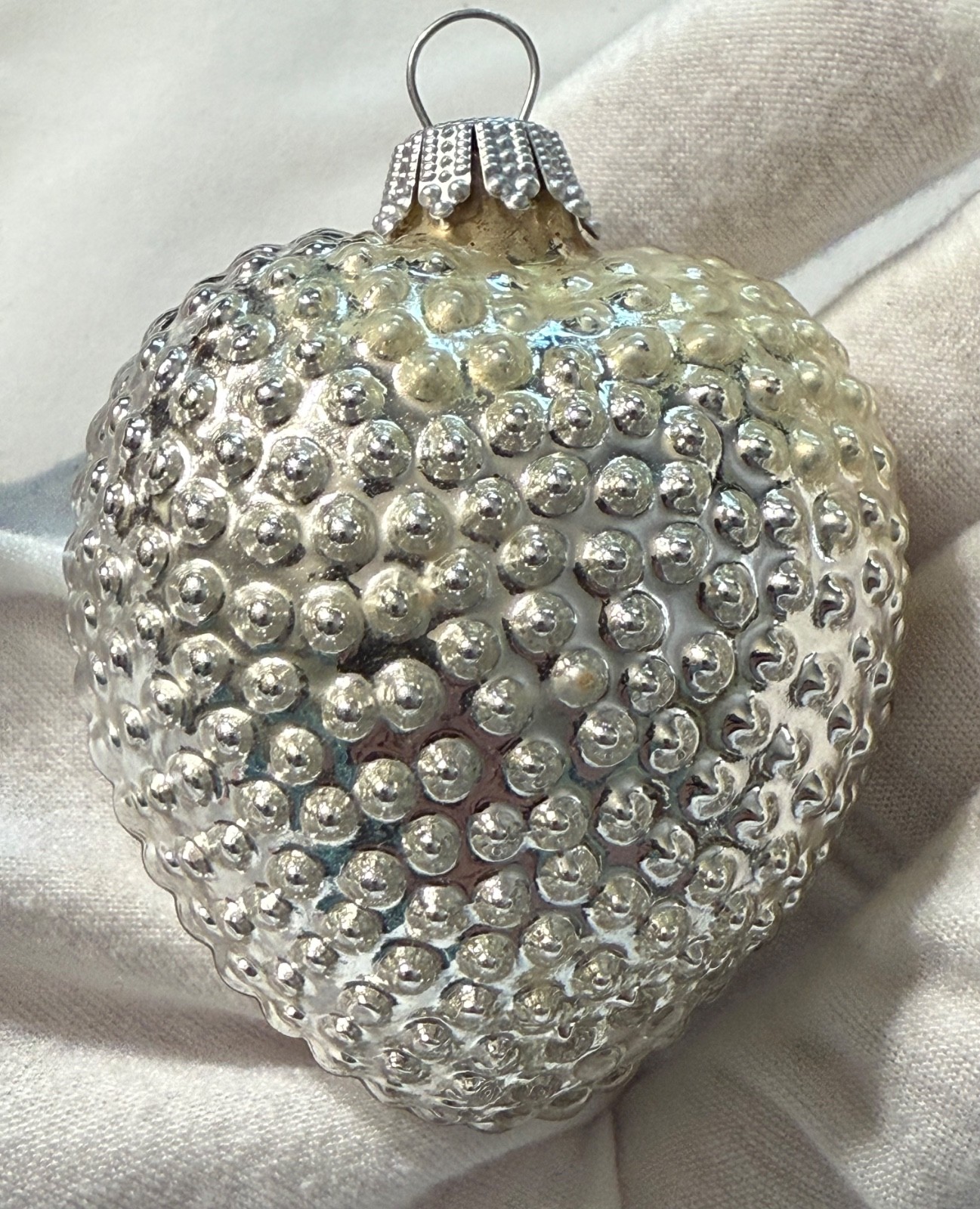 Vintage Bumpy Heart Embossed Outdent Silver Glass Christmas Ornament - Germany