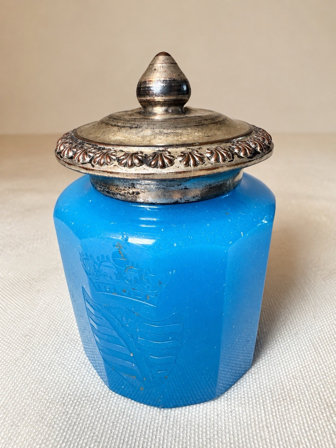 Antique German Blue Opaline Glass Vanity Jar W/ Saxony Kingdom Crest & Lid