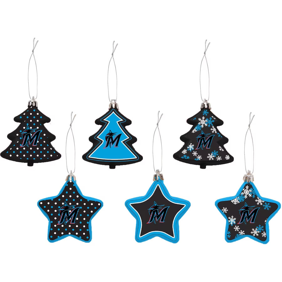 FOCO 3\'\' x 3\'\'  Miami Marlins Six-Pack Shatterproof Tree And Star Ornament Set