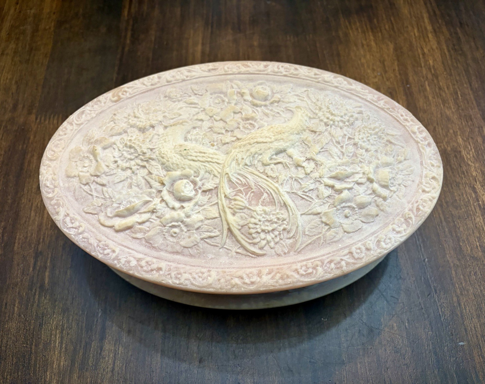Vintage Genuine Incolay Stone Birds of Paradise Pink Cream Jewelry Box Trinket