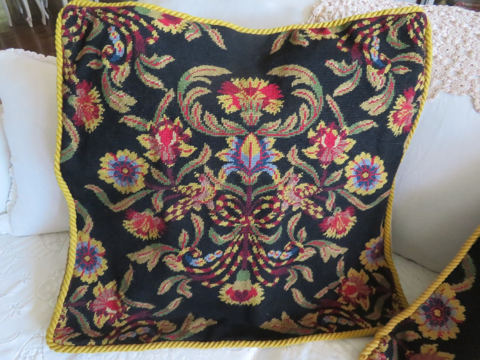 Vintage Aubusson style Old World Pattern on BLACK NWOT Needlepoint Pillow 24\ Vintage Aubusson style Old World Pattern on BLACK NWOT Needlepoint Pillow 24\