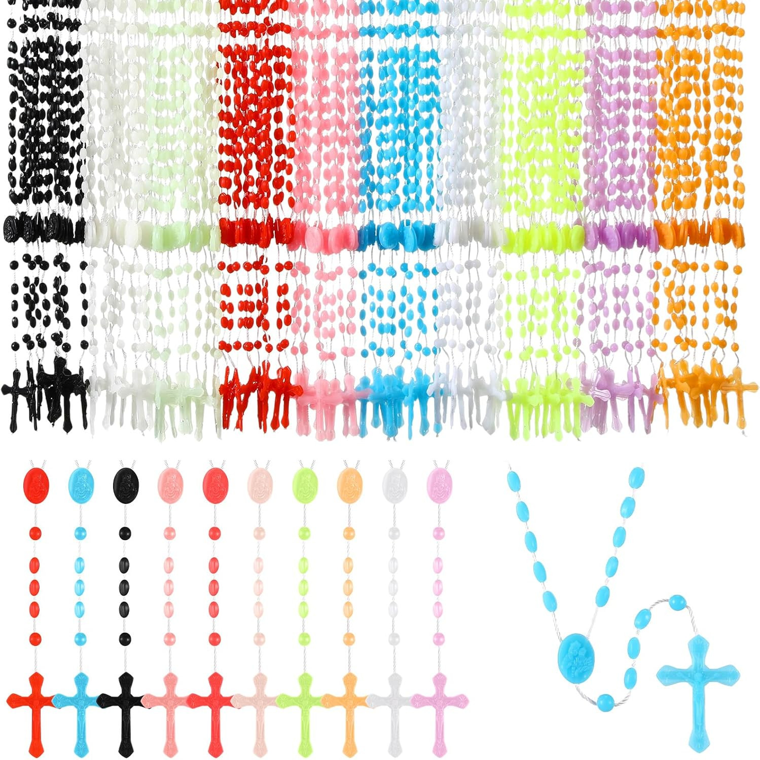 100 Pack Plastic Rosary Cross Necklaces Bulk Catholic Prayer Bead for Church Wel